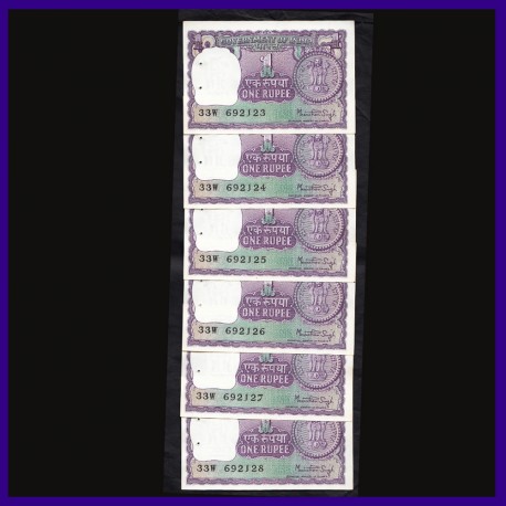 A-37, 1977,  UNC Set of 6 One Rupee Notes In Series Manmohan Singh