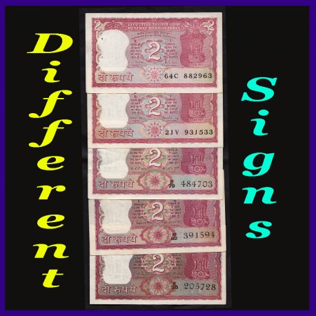 Set of 5, All Different Signs 2 Rs Notes, Tiger On Reverse