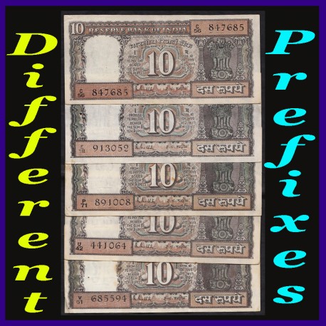 D-27, Different Prefix Set of 5 Notes, 10 Rs Notes Signed By R.N.Malhotra, Boat on Reverse
