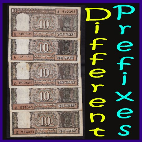 D-27, Set of 5 Notes, 10 Rs Notes Signed By R.N.Malhotra, Boat on Reverse